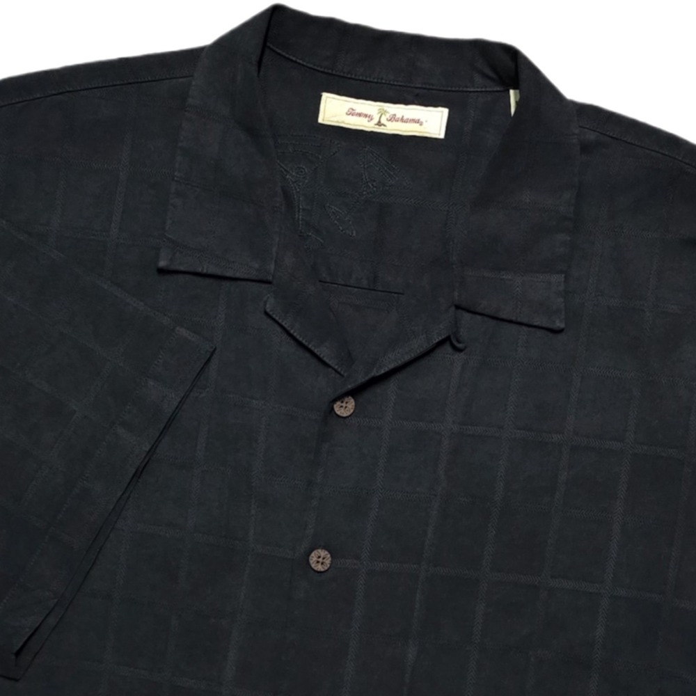 Tommy Bahama Black Silk Windowpane Camp Shirt Mens XL EUC